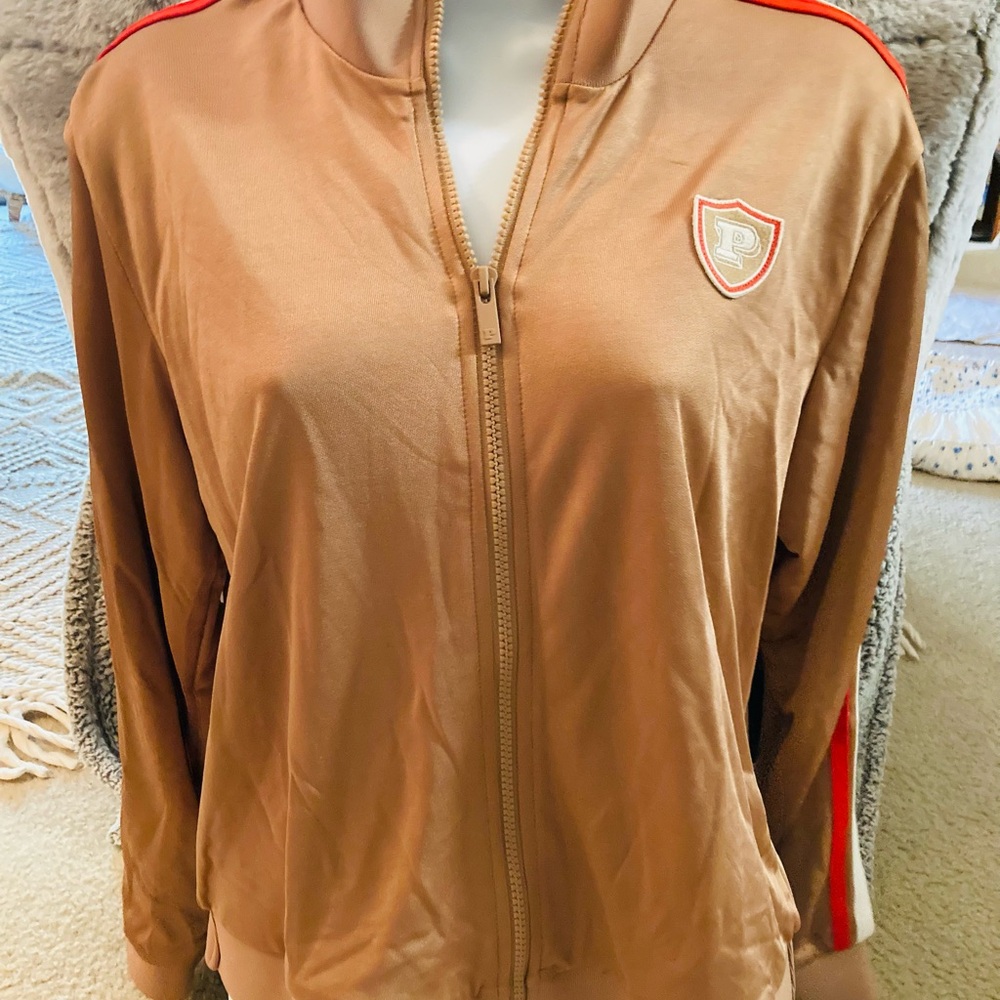 PINK Victoria's Secret Tan varsity Jacket with Red & White Stripes
